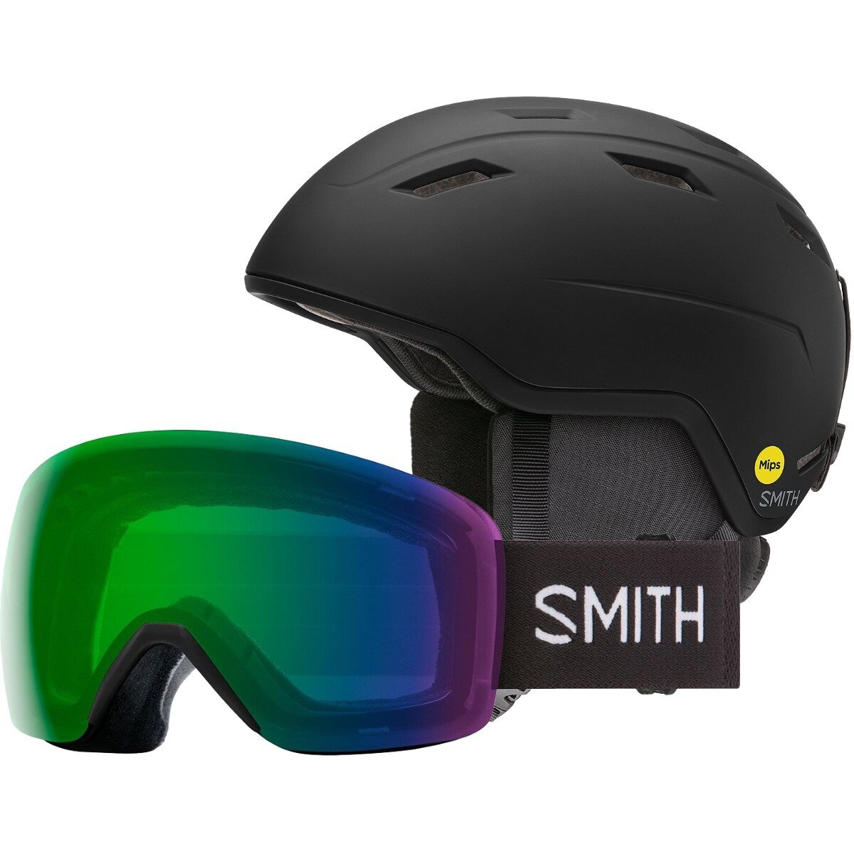Image of Smith Mondo MIPS Helmet + Skyline ChromaPop Goggle Matte Black,Everyday Green Mirror/Black, M,One Size