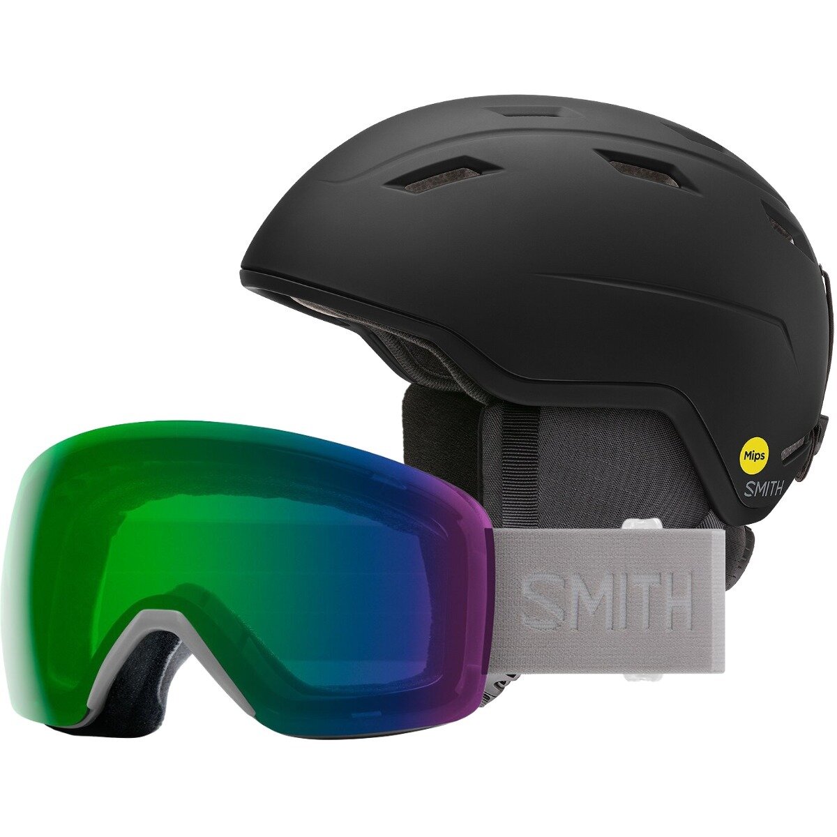 Image of Smith Mondo MIPS Helmet + Skyline ChromaPop Goggle Matte Black,Everyday Green Mirror, M,One Size