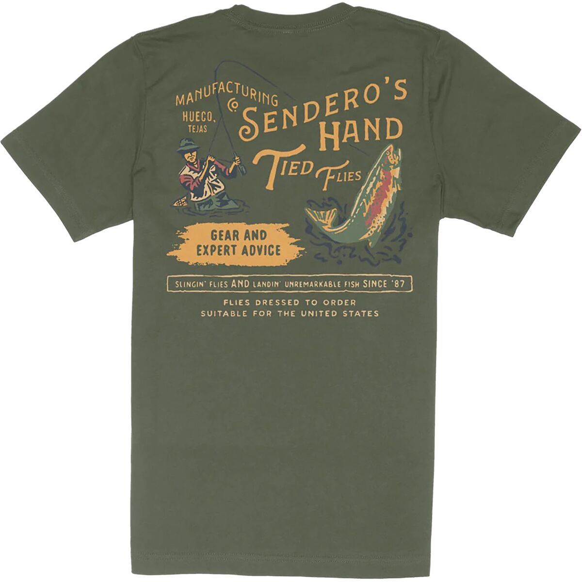 Image of Sendero Provisions Co. Hand Tied Flies T-Shirt - Men's Army Green, M