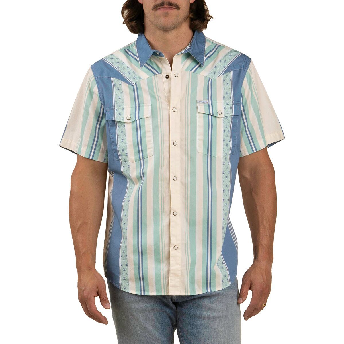 Image of Sendero Provisions Co. Serape Pearl Snap Short-Sleeve Shirt - Men's Retro Stripe/Teal, XL