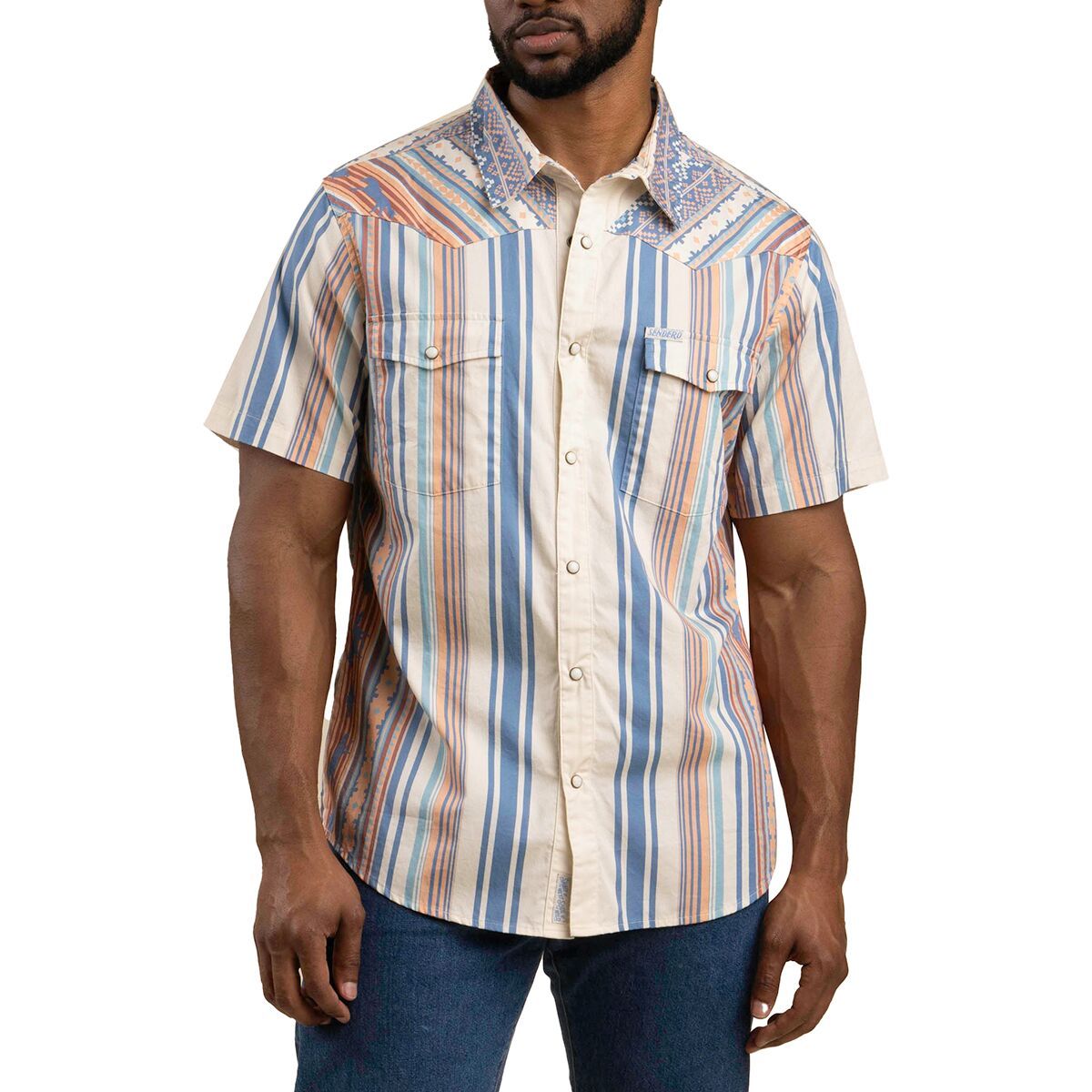 Image of Sendero Provisions Co. Serape Pearl Snap Short-Sleeve Shirt - Men's Western Stripe/Indigo, M