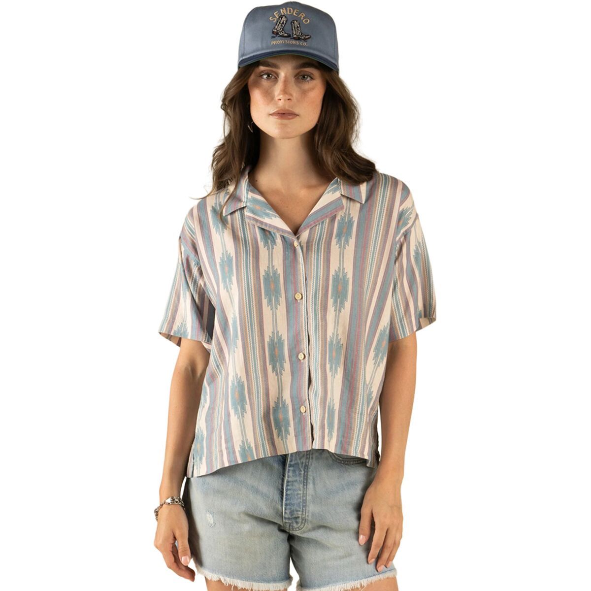 Image of Sendero Provisions Co. Isla Top - Women's Tuscon Stripe/Faded Teal, L