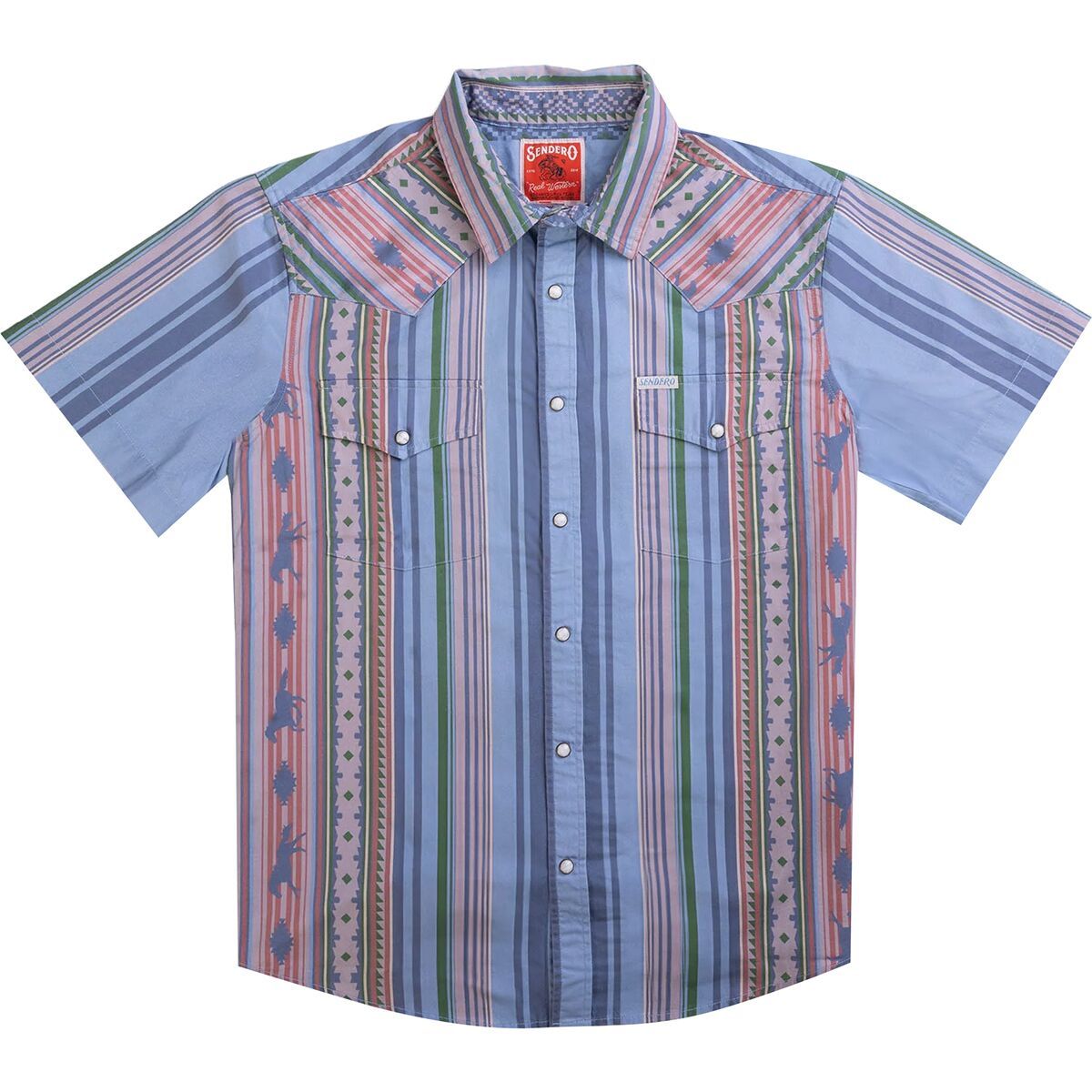 Image of Sendero Provisions Co. Wyatt Pearl Snap Serape Short-Sleeve Shirt - Men's Western Stripe/Sky Blue, XL