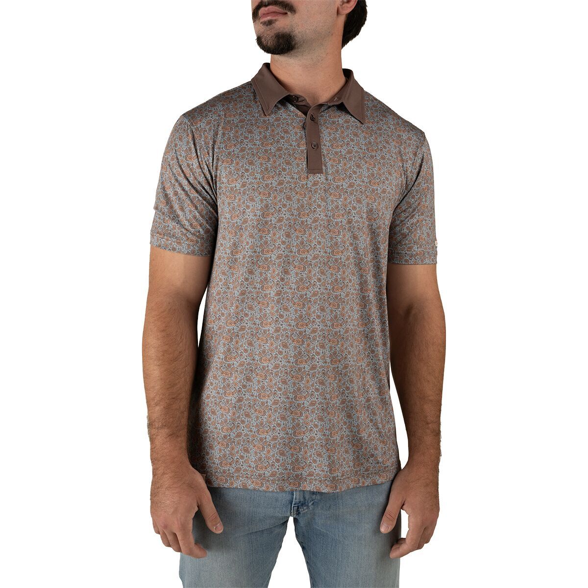 Image of Sendero Provisions Co. High Noon Performance Polo - Men's Wildrose Paisley/Sky Blue, XL