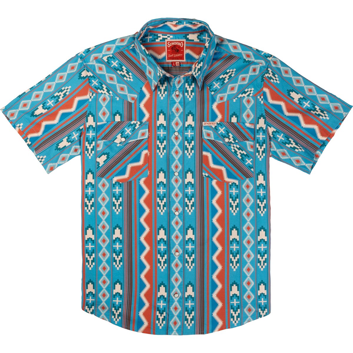 Image of Sendero Provisions Co. The Wyatt Pearl Snap SS Print Shirt - Men's Nogales Stripe/Turquoise, XL
