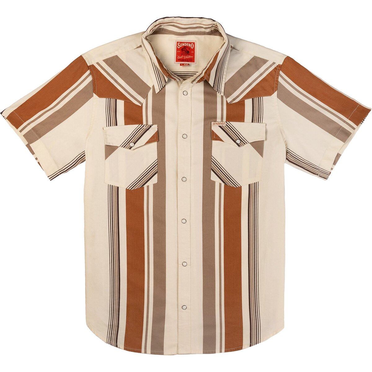 Image of Sendero Provisions Co. The Wyatt Pearl Snap SS Print Shirt - Men's Stagecoach Stripe/Saddle, M