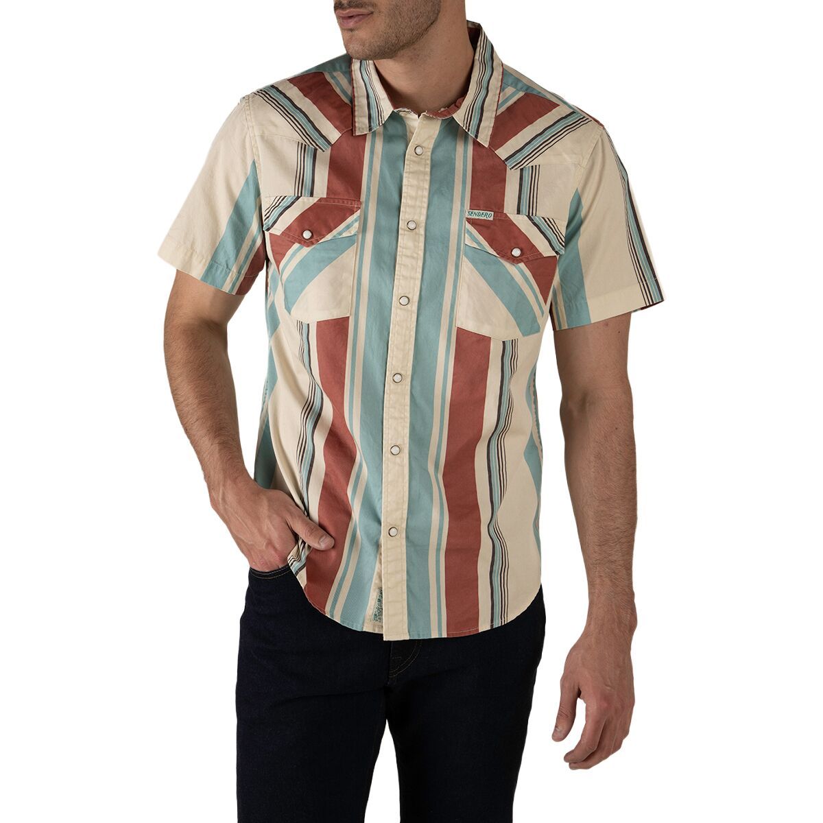 Image of Sendero Provisions Co. The Wyatt Pearl Snap SS Print Shirt - Men's Stagecoach Stripe/Red/Blue, M