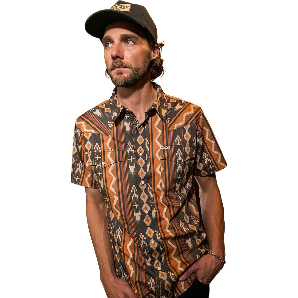 Image of Sendero Provisions Co. The Wyatt Pearl Snap SS Print Shirt - Men's Tempe Stripe/Brown/Orange, S