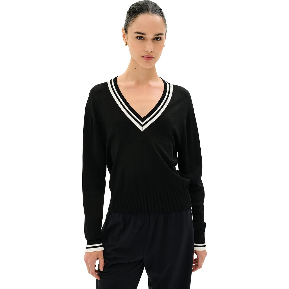 Image of Splits59 Jemma Knit V Neck Long-Sleeve Top - Women's White/Black, M