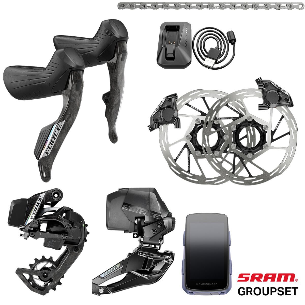 Image of SRAM Force E1 AXS 2X HRD Groupset + Hammerhead Karoo Computer Black, One Size
