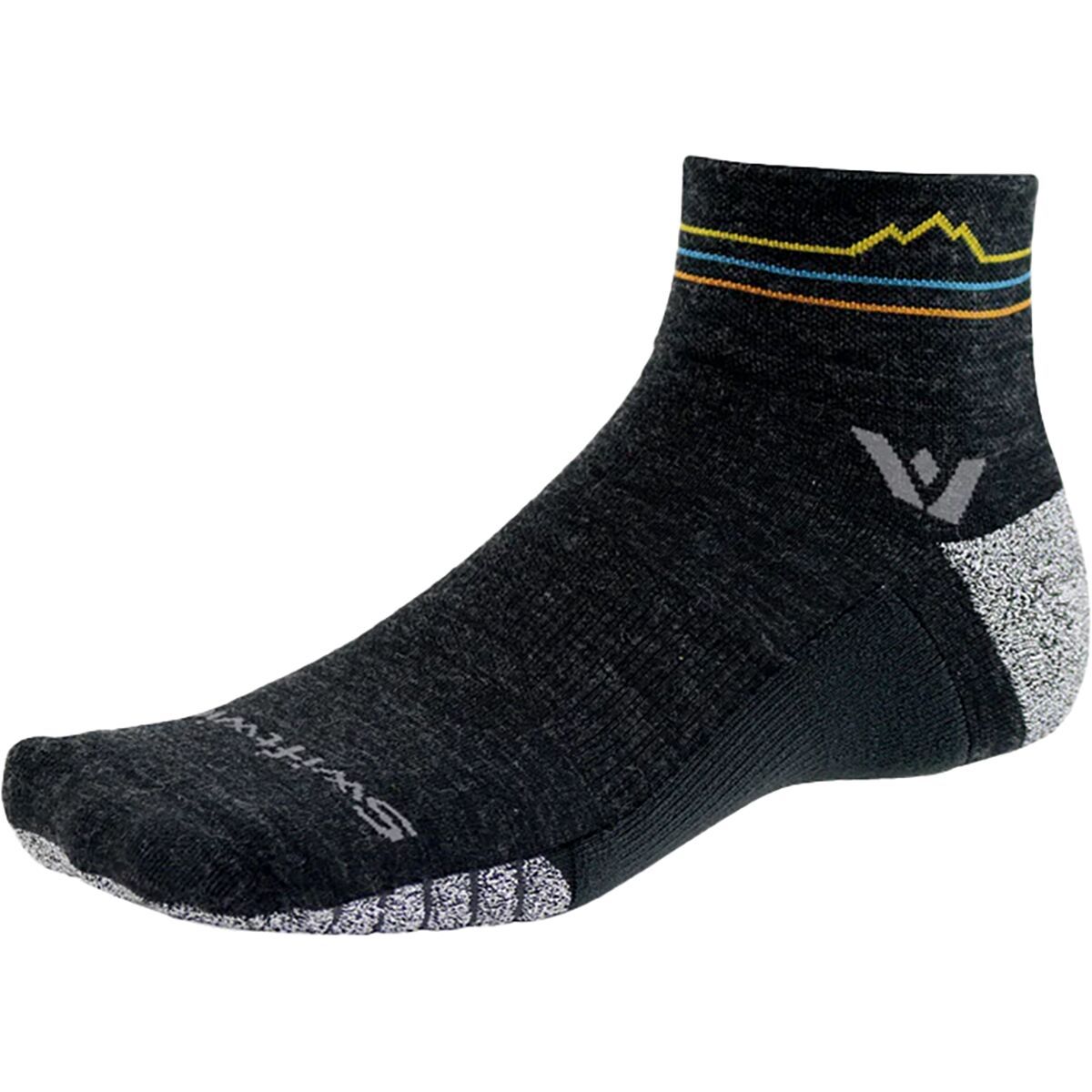Image of Swiftwick Flite XT Trail Quarter Crew Sock Coal Sunset Mountain, XL