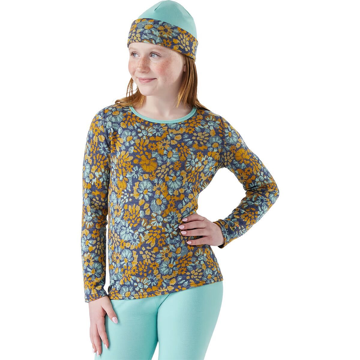 Image of Smartwool Merino 250 Baselayer Crew Top - Kids' Pacific Blue Floral, XL