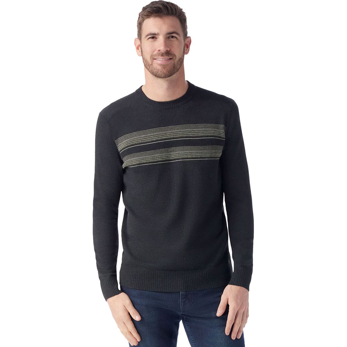 Image of Smartwool Sparwood Stripe Crew Sweater - Men's Charcoal/Winter Moss, S