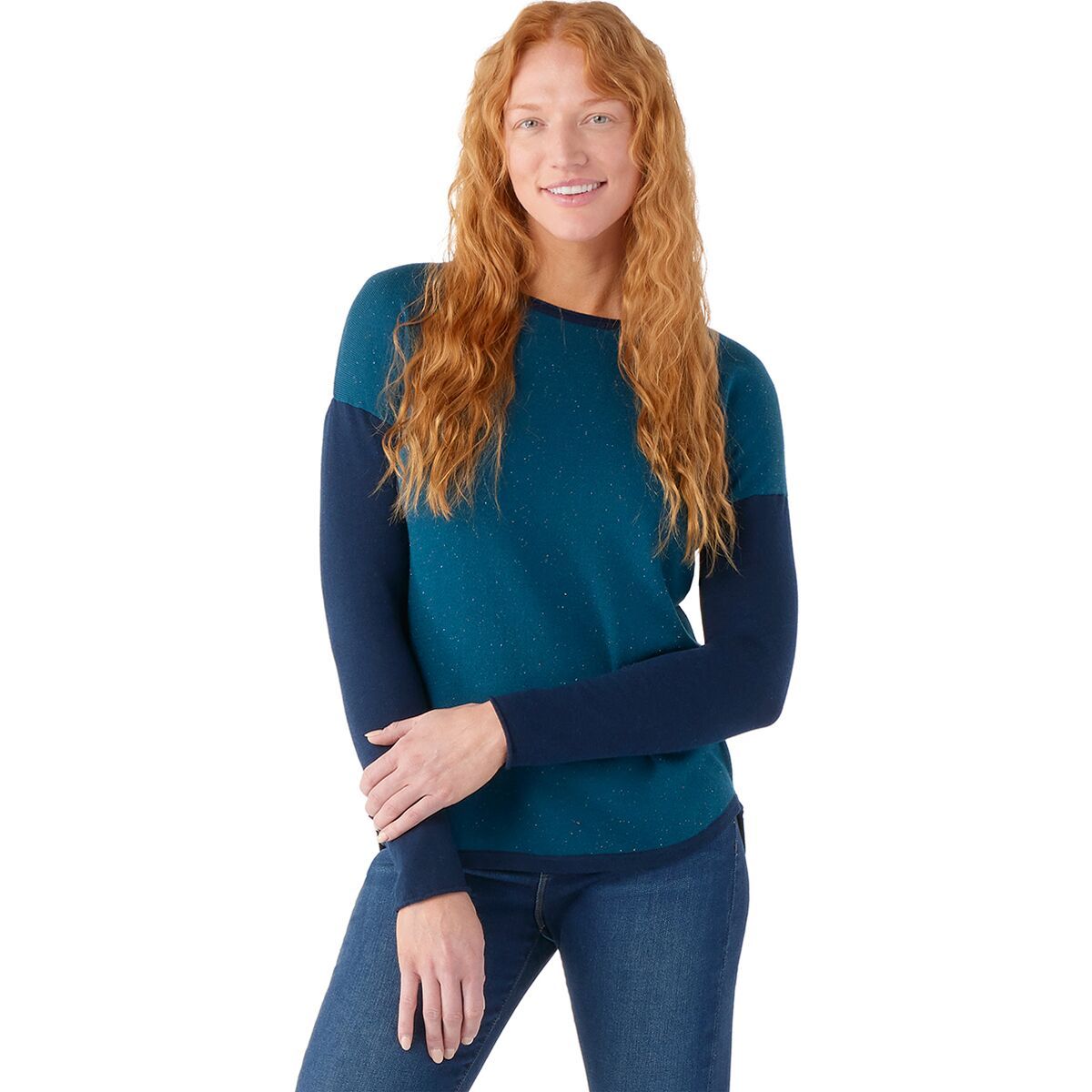 Image of Smartwool Shadow Pine Colorblock Sweater - Women's Twilight Blue Donegal, S