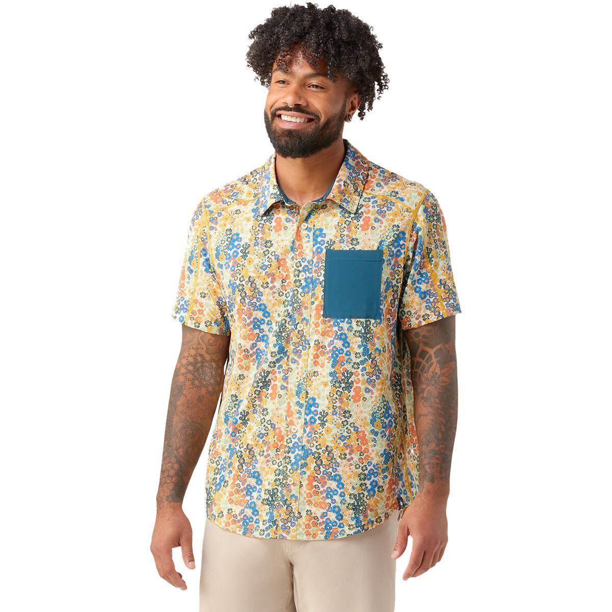 Image of Smartwool Printed Short-Sleeve Button Down Shirt - Men's Almond Meadow Print, S