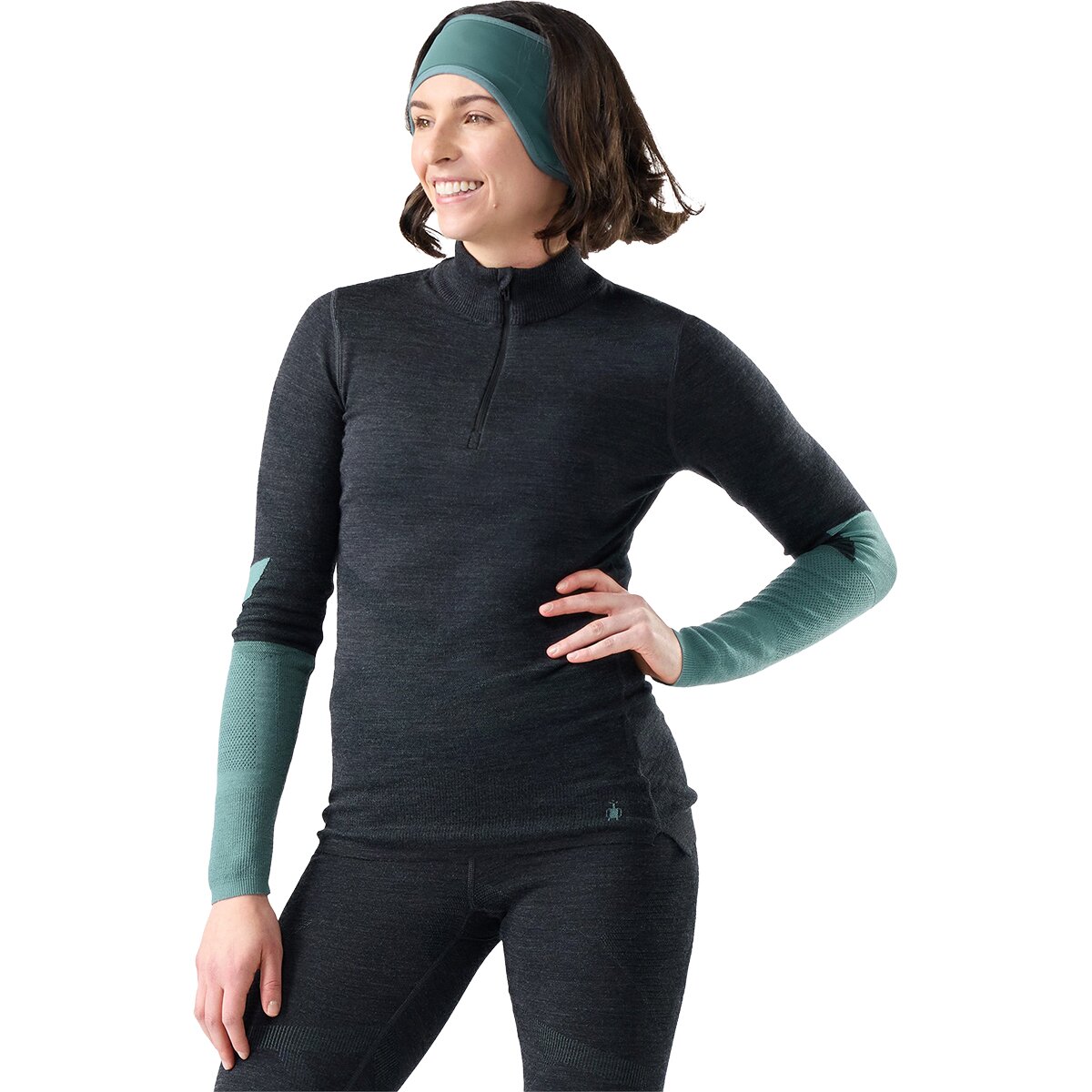 Image of Smartwool Intraknit Thermal Merino Colorblock 1/4-Zip Top - Women's Charcoal/Dusty Teal, S