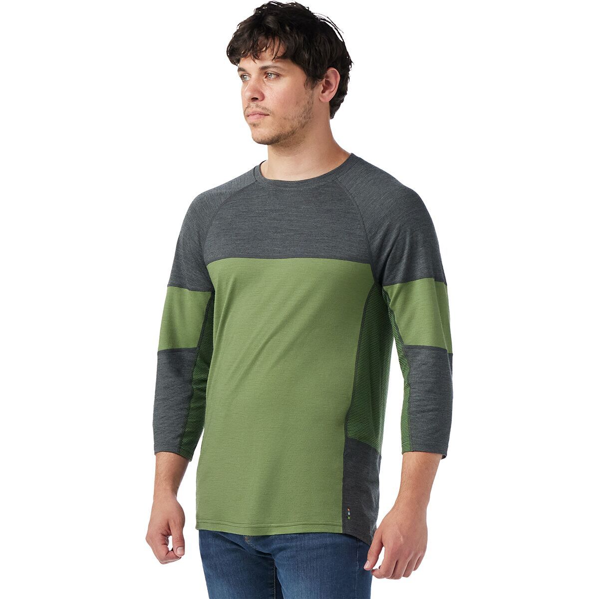 Image of Smartwool Mountain Bike 3/4-Sleeve Jersey - Men's Charcoal/Fern Green, M