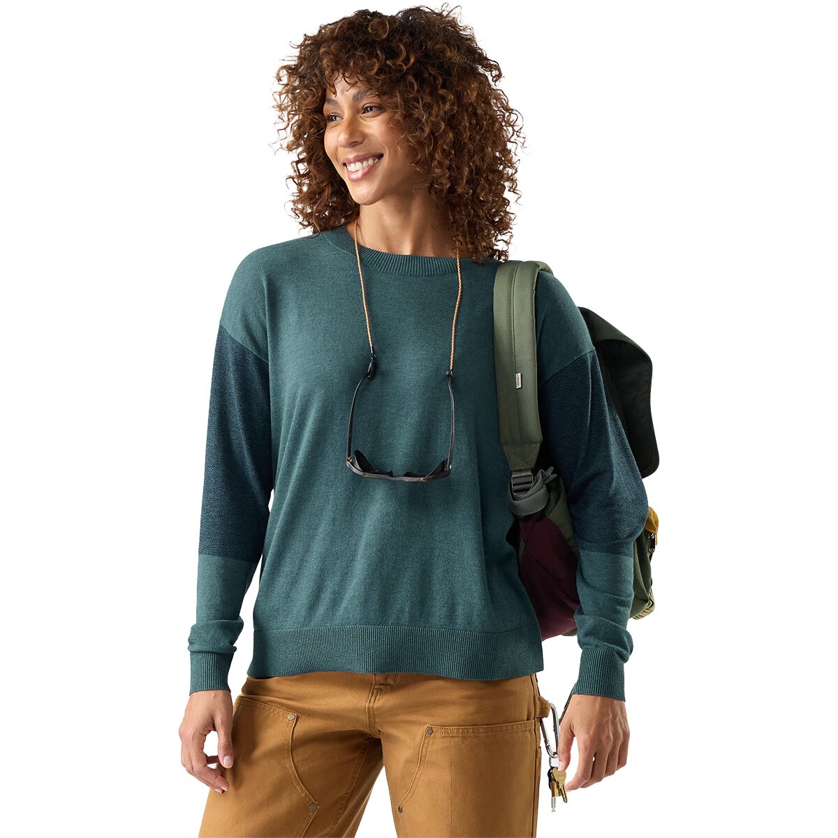 Image of Smartwool Edgewood Colorblock Crew Sweater - Women's Dark Dusty Teal Marl, M