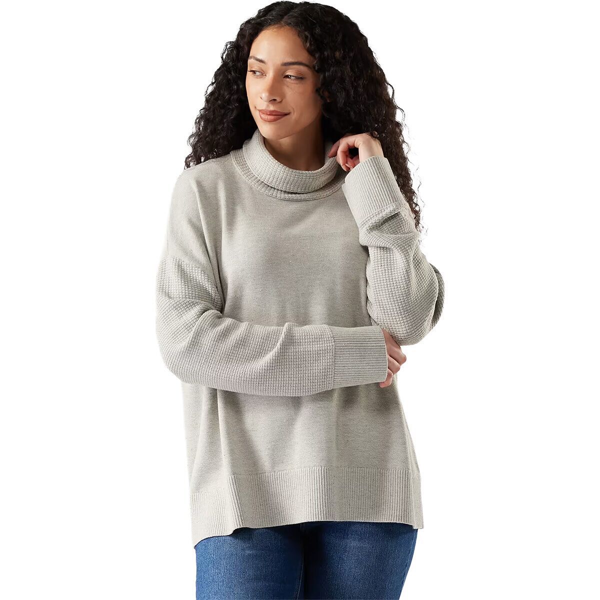 Image of Smartwool Edgewood Cowl Neck Sweater - Women's Almond/Light Gray, M