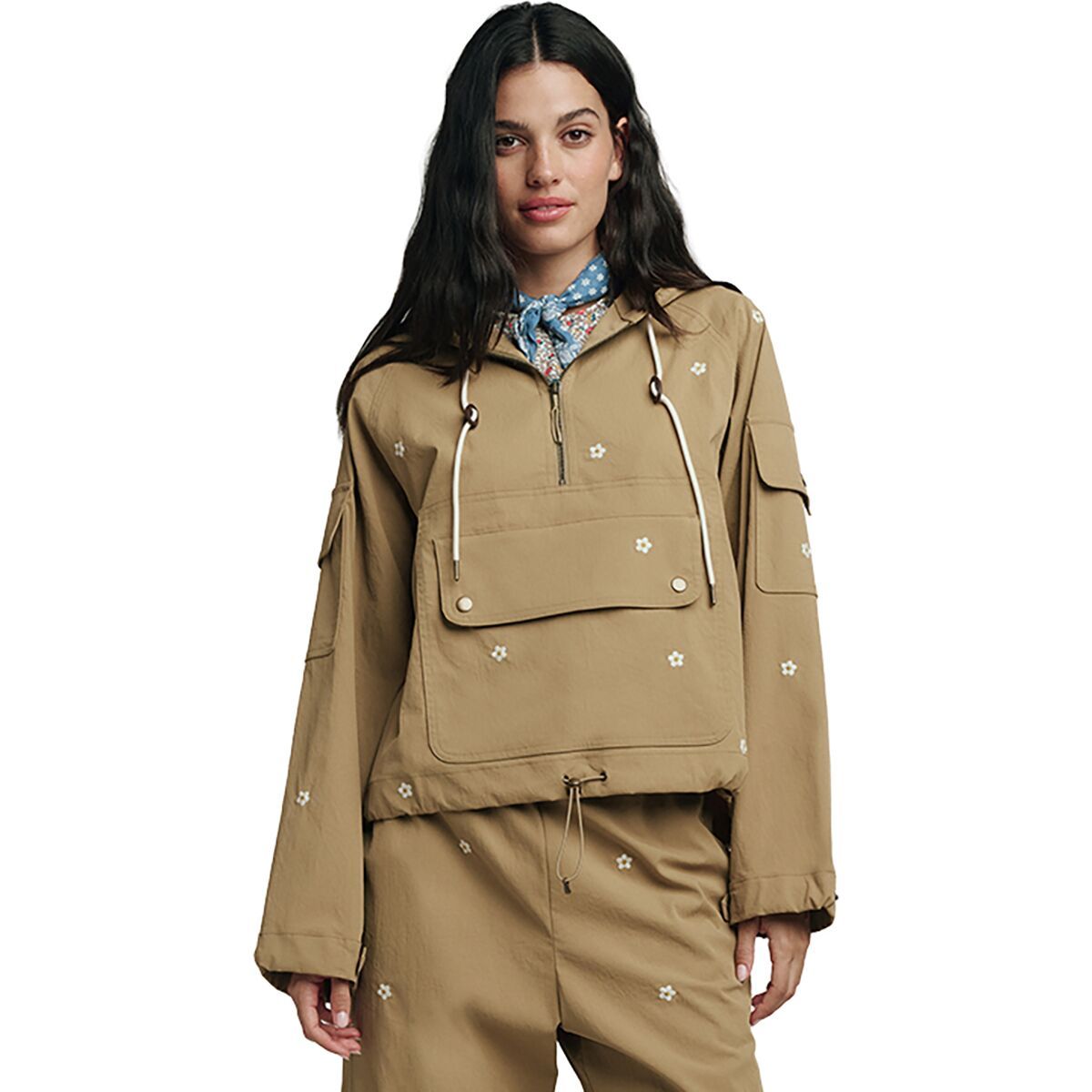 Image of The Great Outdoors The Embroidered Cropped Trailhead Pullover - Women's Khaki / Daisy Embroidery, XS