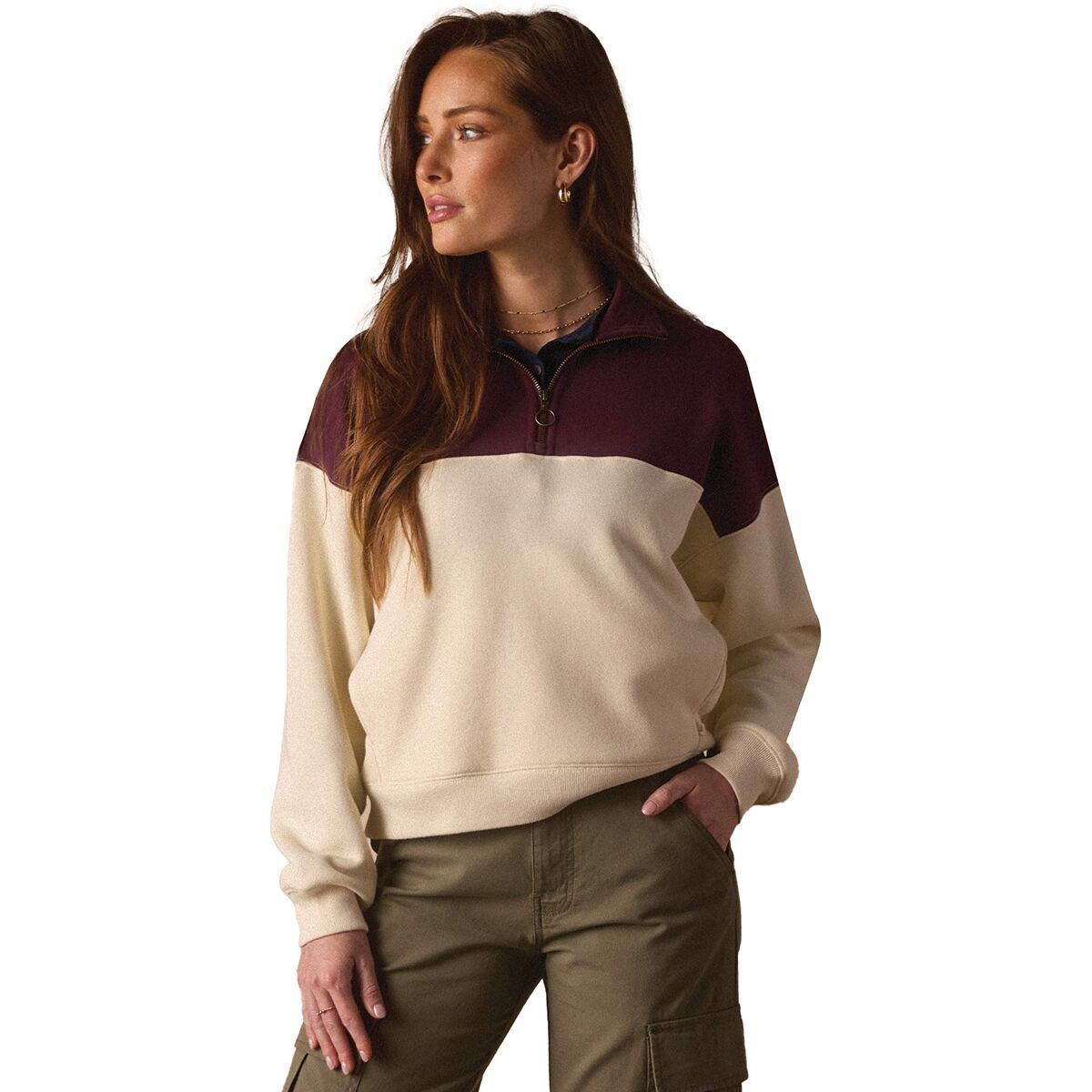 Image of The Normal Brand Normal Fleece Retro Quarterzip - Women's Ivory/Port Wine, M