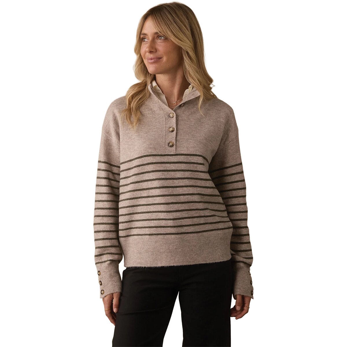 Image of The Normal Brand Marianna Button Pullover Sweater - Women's Oat/Olive Stripe, L