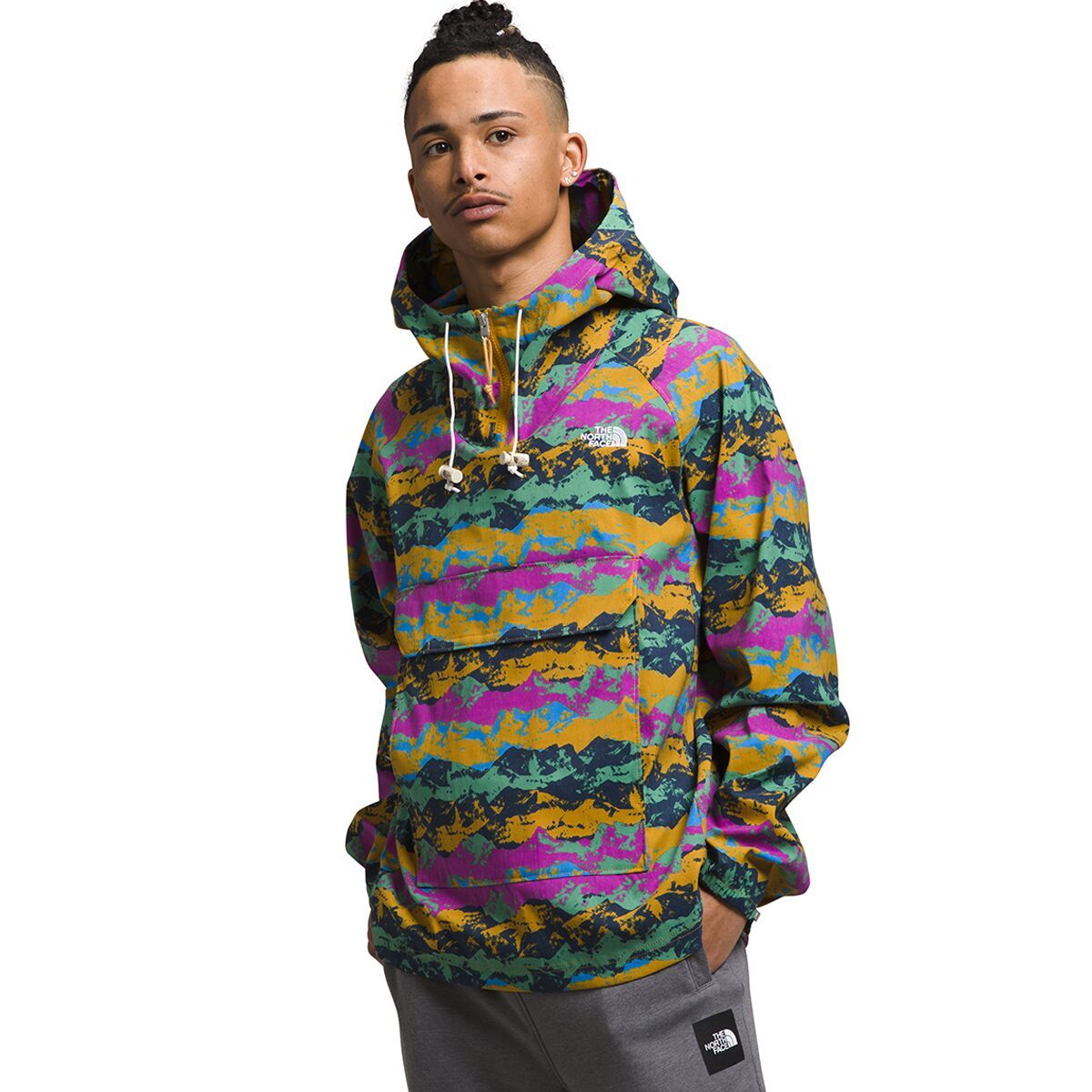 The North Face Class V Fanorak Windbreaker - Men's Arrowwood Yellow Mountain Panorama Print, M
