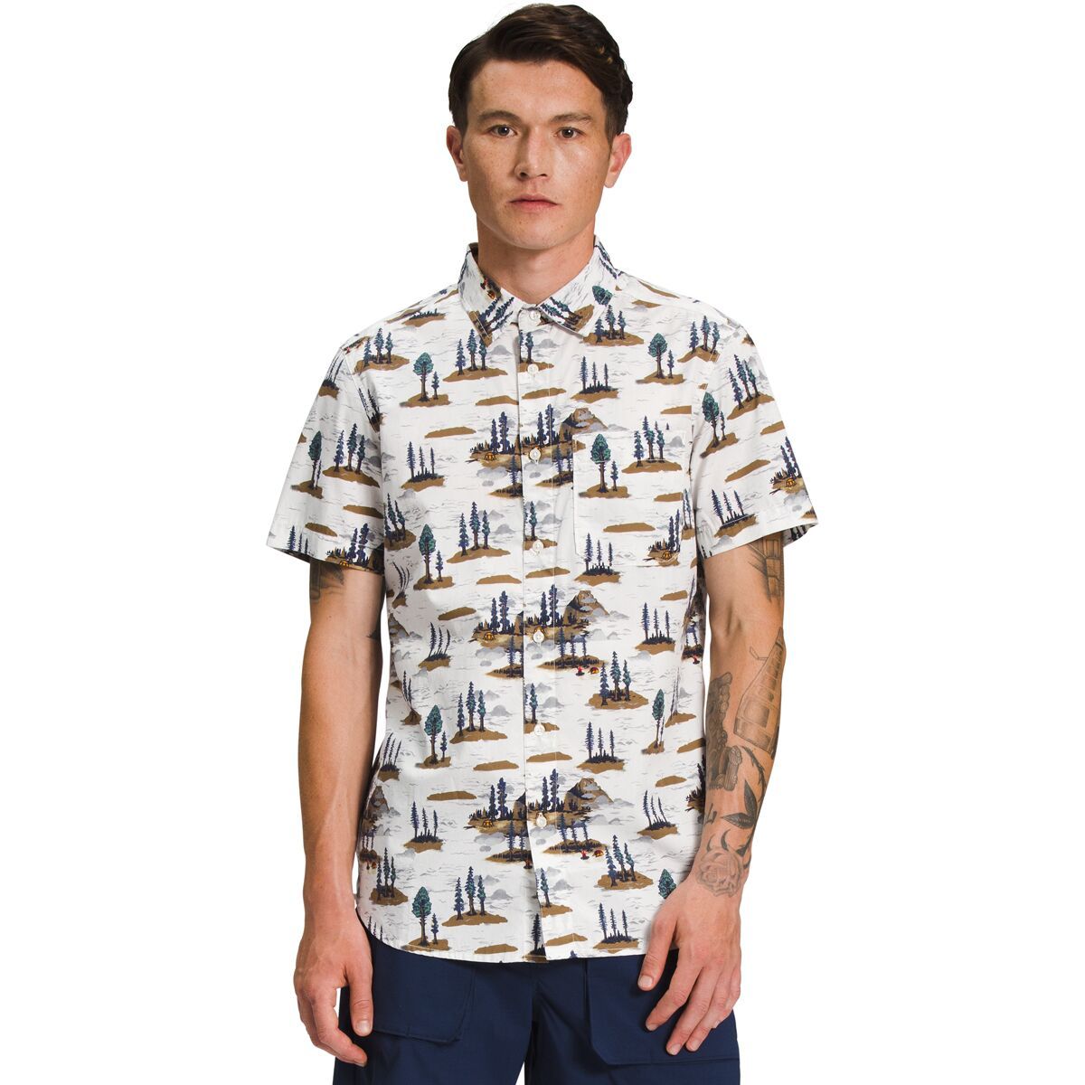 The North Face Short Sleeve Baytrail Pattern Shirt - Men's Gardenia White Camping Scenic Print, XXL