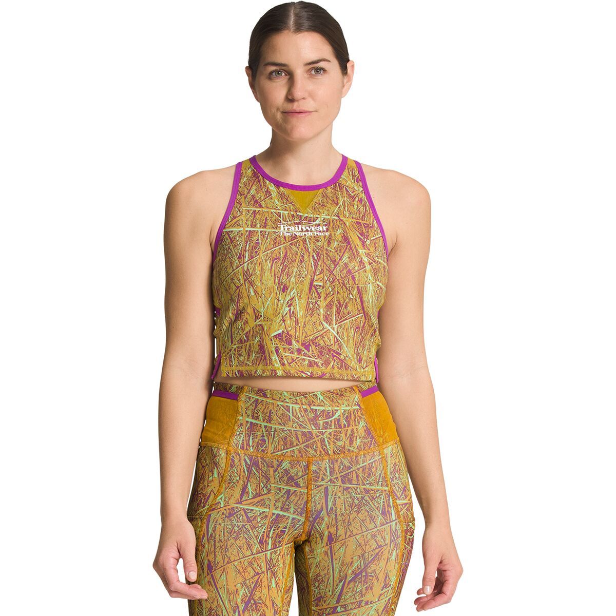 Image of The North Face Trailwear QTM Bra Tank Top - Women's Arrowwood Yellow Field Texture Print, S