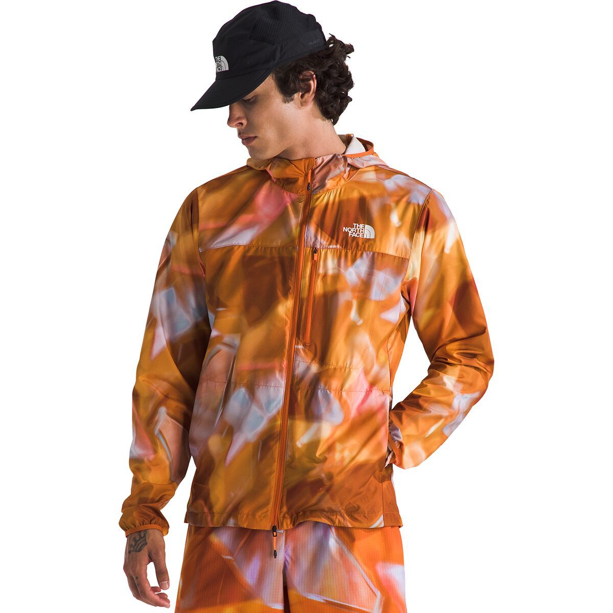 Image of The North Face Higher Run Wind Jacket - Men's Digital Orange Prisms Print, M