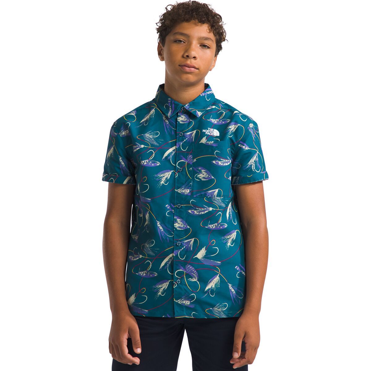 The North Face Amphibious Button Down Shirt - Boys' Blue Moss Gone Fishing Print, XS