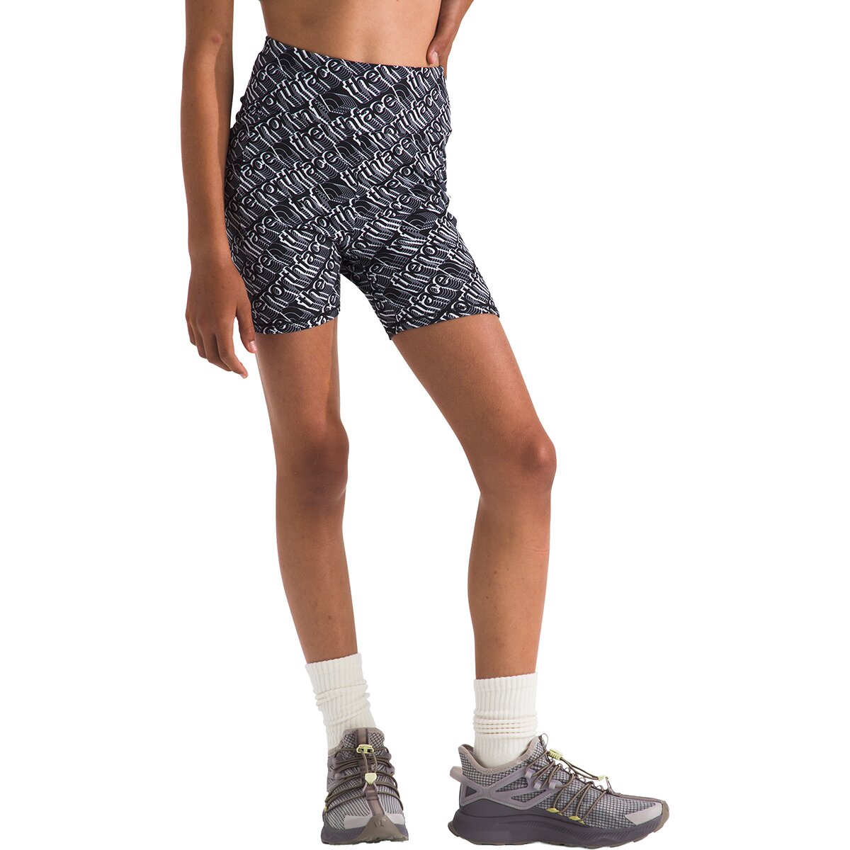 Image of The North Face Never Stop Bike Short - Girls' TNF Black Diags Logo Print, M