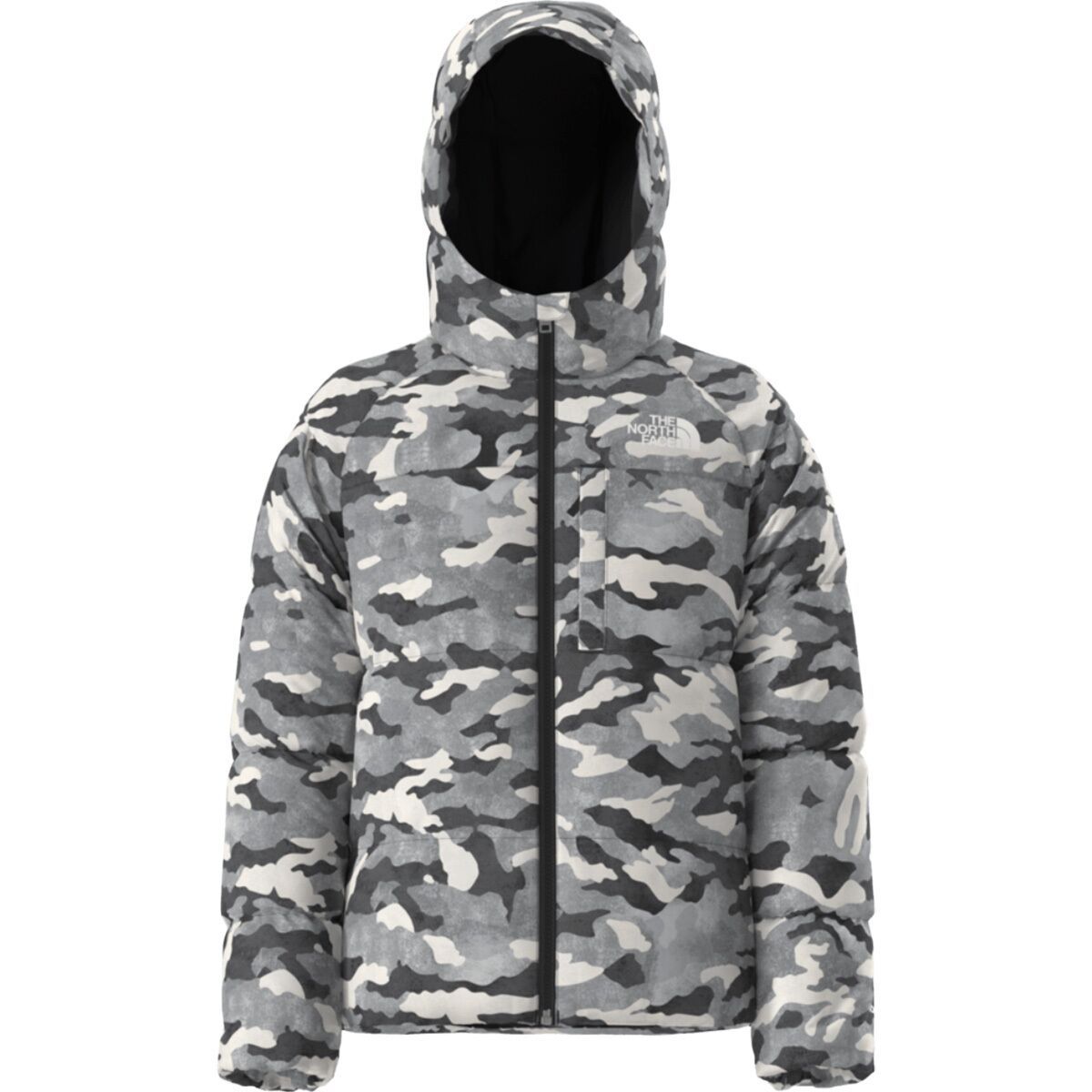 Image of The North Face North Print Down Hooded Jacket - Boys' Smoked Pearl TNF Camo Small Print, XL