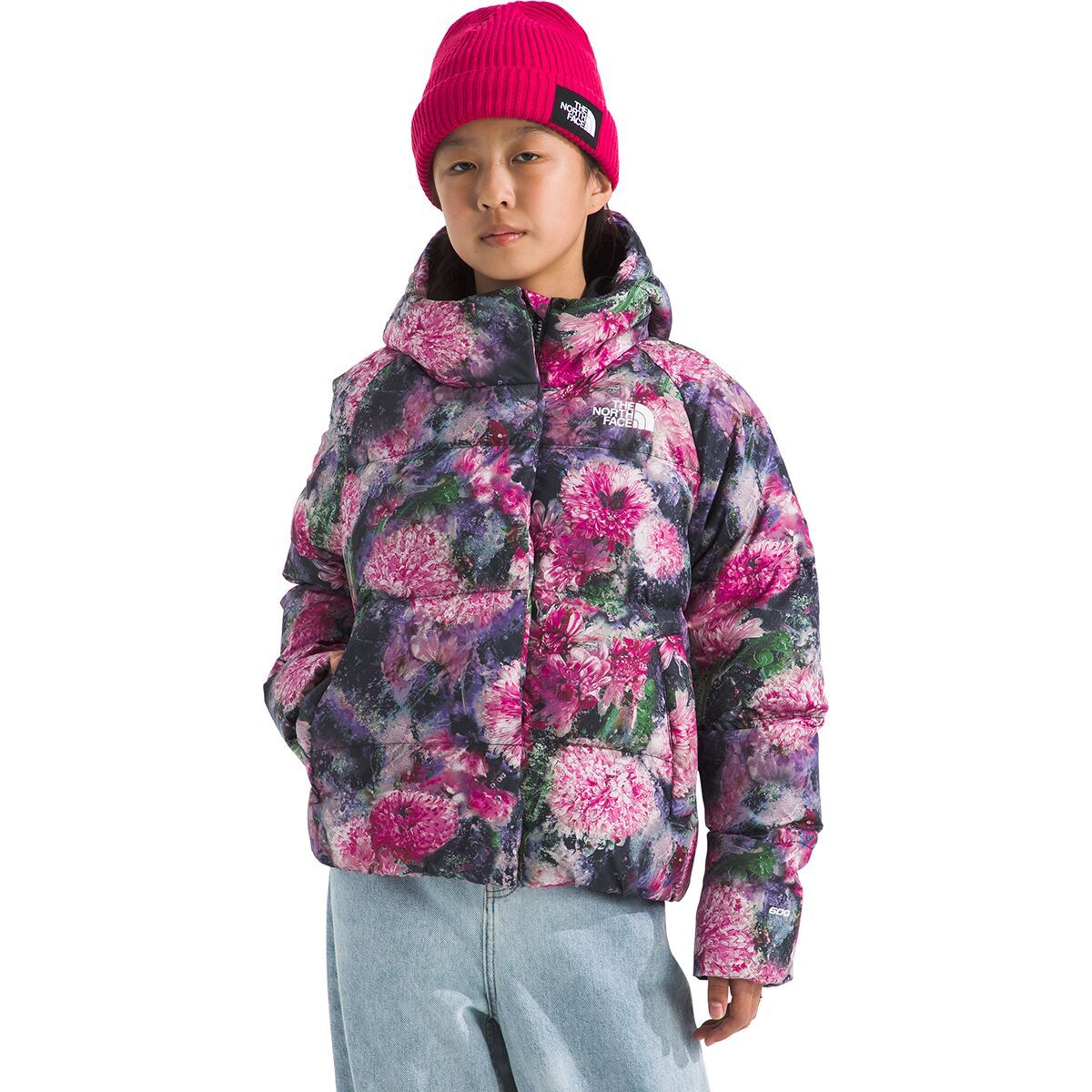 Image of The North Face North Print Down Hooded Jacket - Girls' Pale Blossom Frozen Floral Print, L