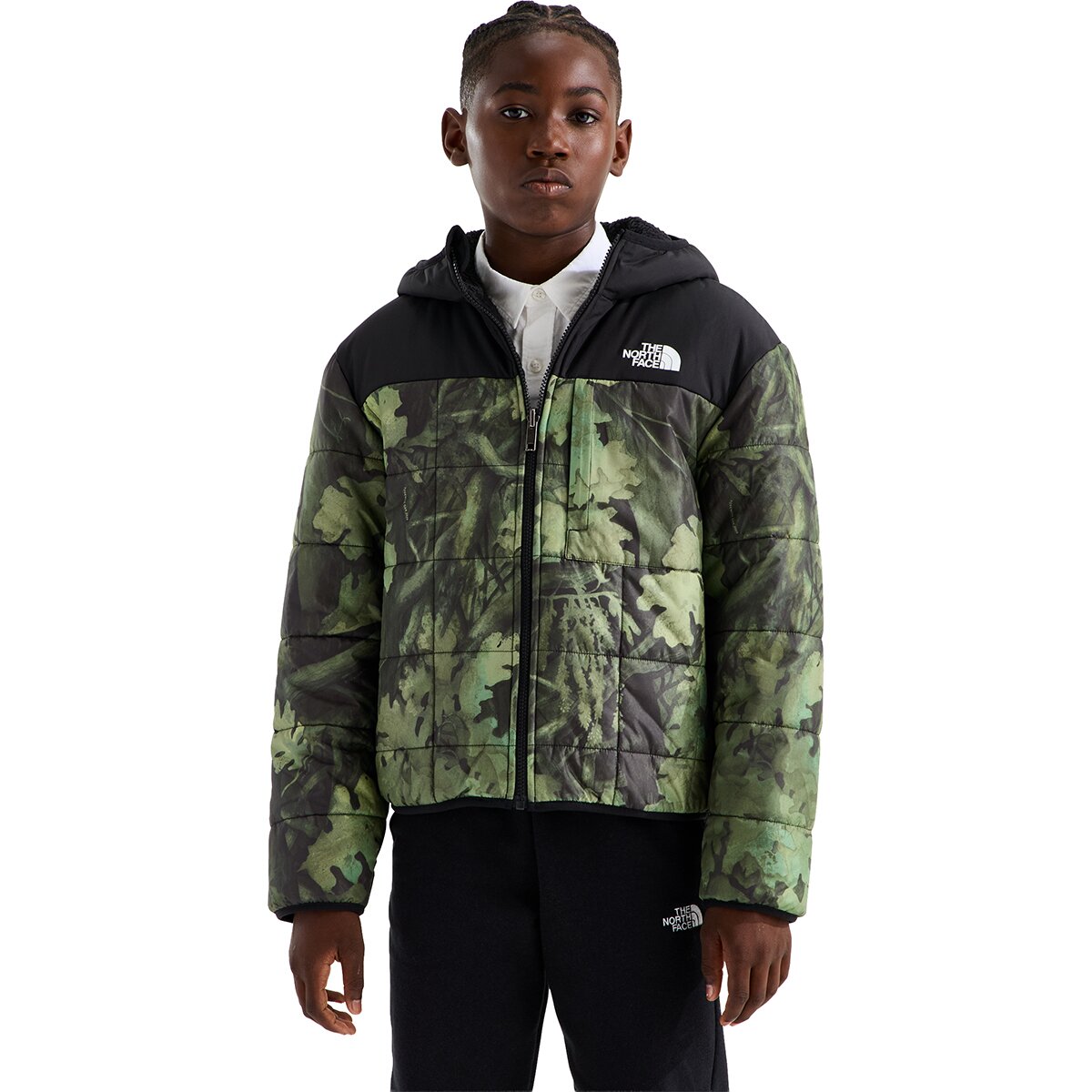Image of The North Face Reversible Shasta Print Full-Zip Hooded Jacket - Boys' New Taupe Green Yosemite Oak Print, XL