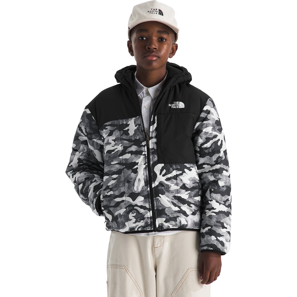 The North Face Reversible Shasta Print Full-Zip Hooded Jacket - Boys' Smoked Pearl TNF Camo Small Print, M