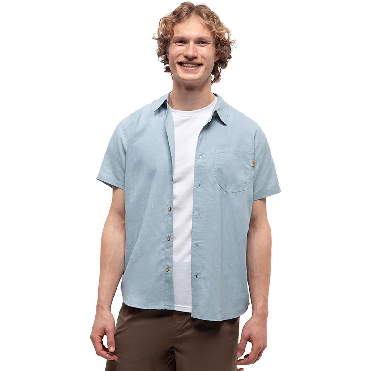 Image of Tentree Small Tree Mancos Short-Sleeve Shirt - Men's Blue Haze/Small Tree/Vintage White, M