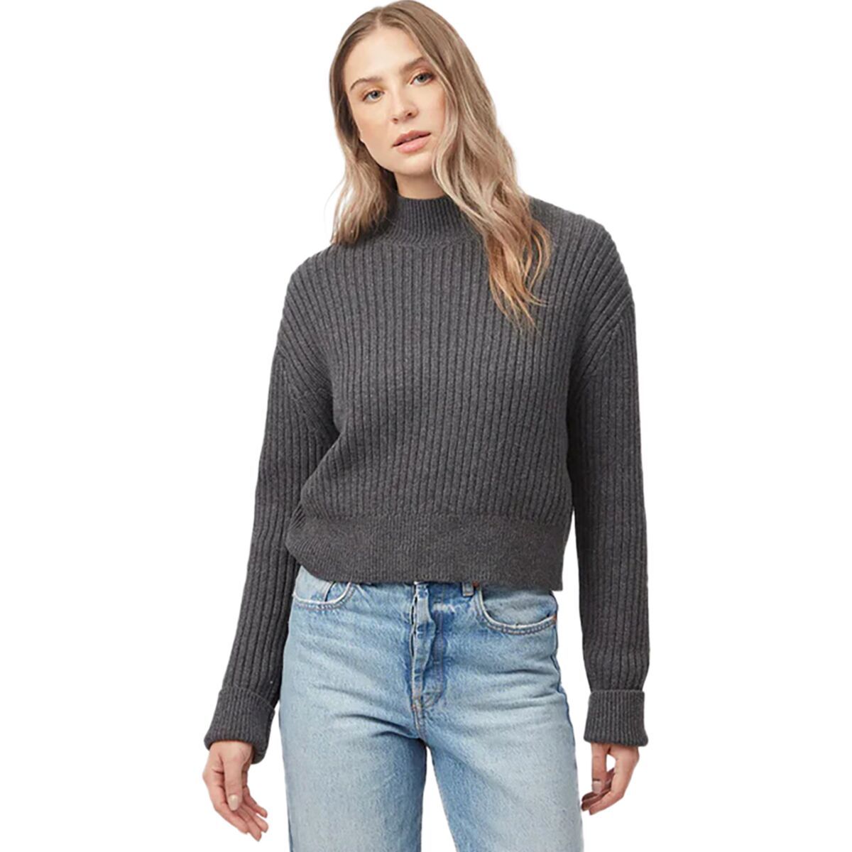 Tentree Highline Rib Cropped Mock Neck Sweater - Women's Dark Grey Heather, XS
