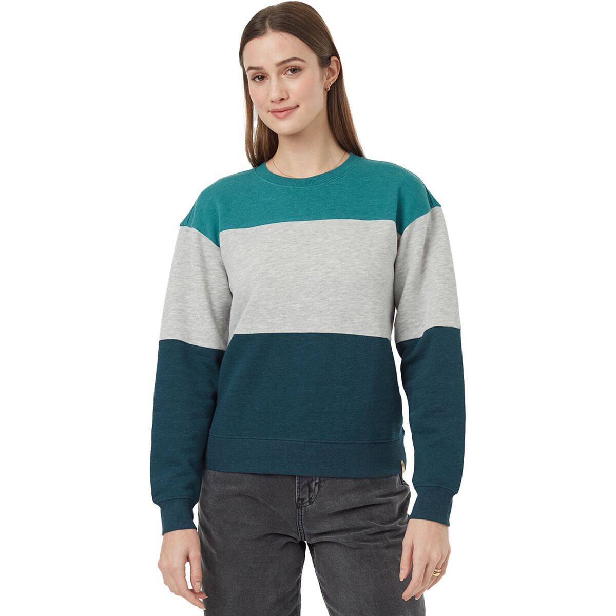 Tentree TreeFleece Blocked Crew Sweater - Women's North Sea/Grey Heather/Reflecting Pond, XS
