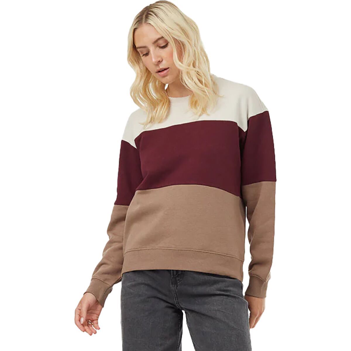 Tentree TreeFleece Blocked Crew Sweater - Women's Silver Cloud Grey/Fig/Pine Bark, L