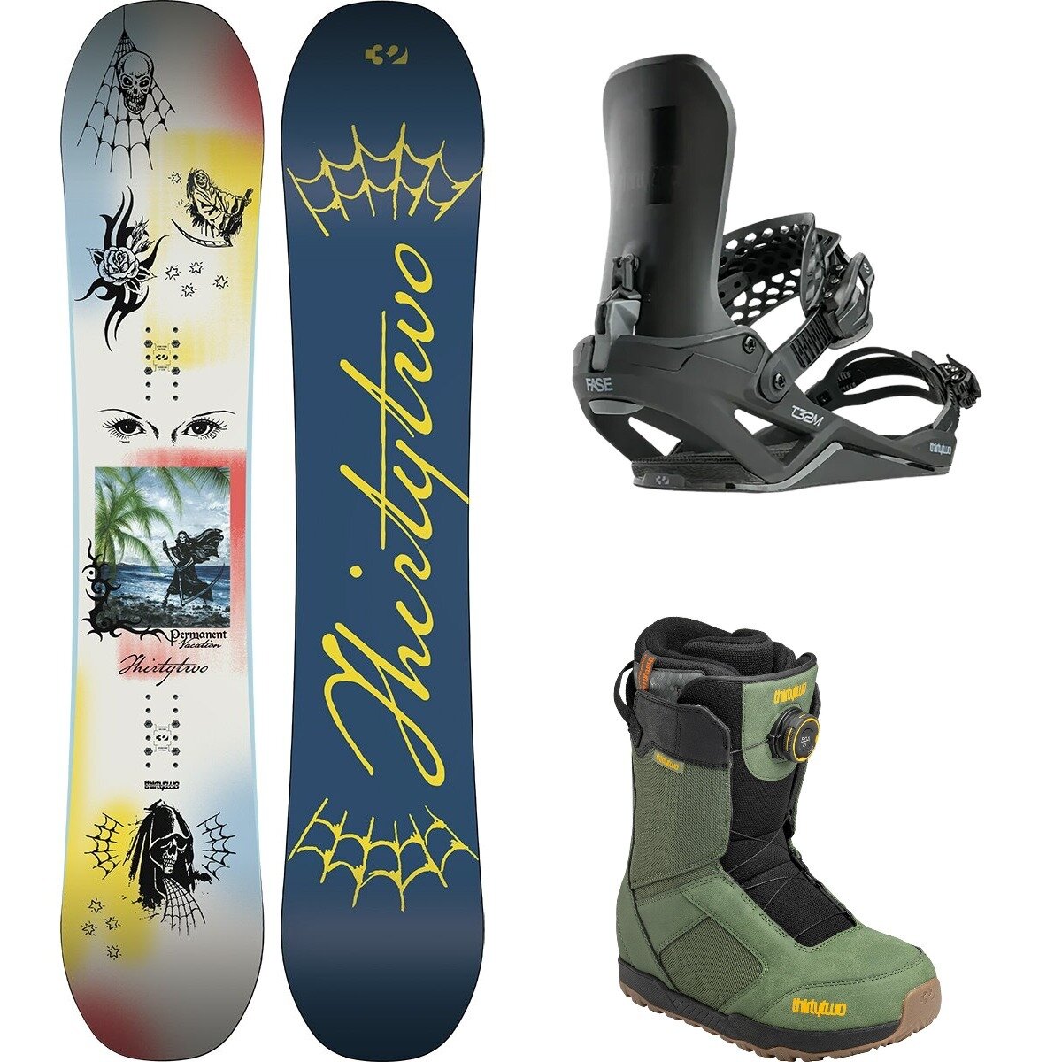 Image of ThirtyTwo Permanent Vacation w/ Shifty BOA + T32M FASE Snowboard Pkg Wht/Blk/Grn, 161cm/M/11.0