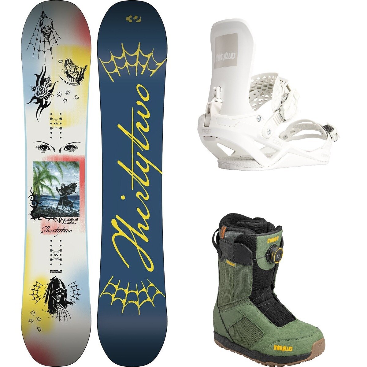 Image of ThirtyTwo Permanent Vacation w/ Shifty BOA + T32M FASE Snowboard Pkg Wht/Bone/Grn, 161cm/L/9.0