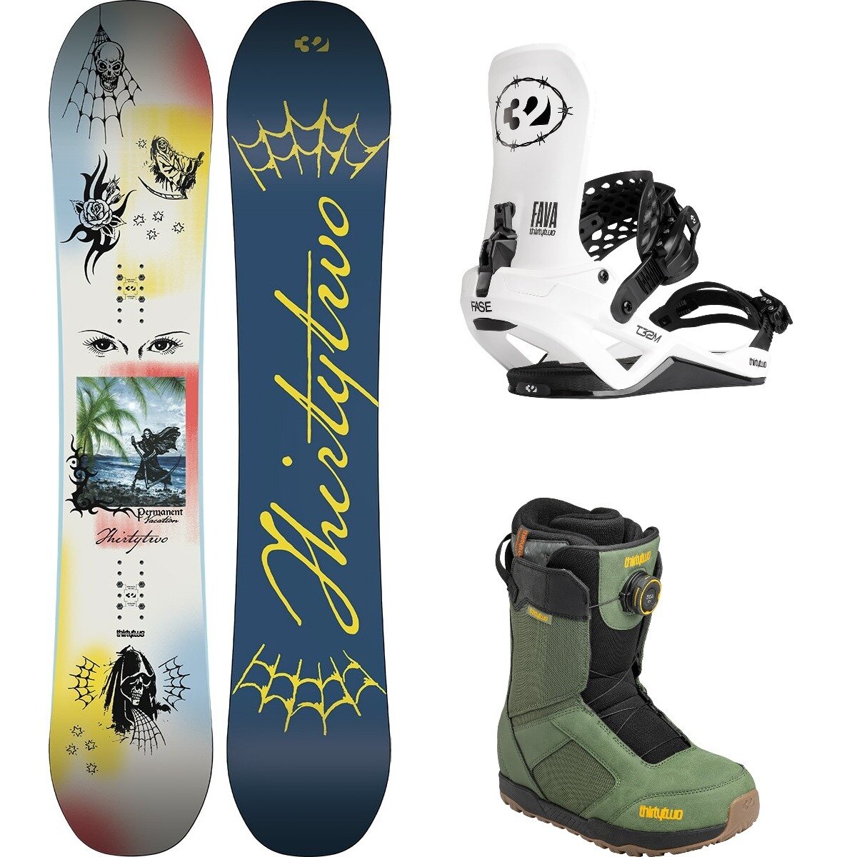Image of ThirtyTwo Permanent Vacation w/ Shifty BOA + T32M FASE Snowboard Pkg Wht/FavaWht/Grn, 161cm/S/10.5