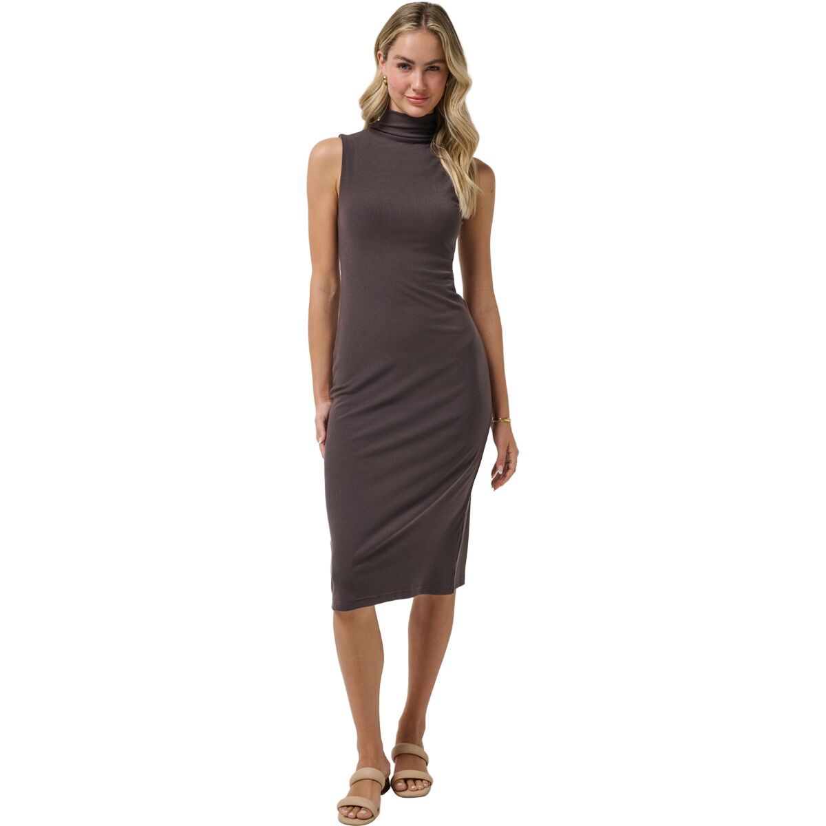 Image of TravisMathew Cloud Rib Mock Neck Dress - Women's Coffee Grounds, S