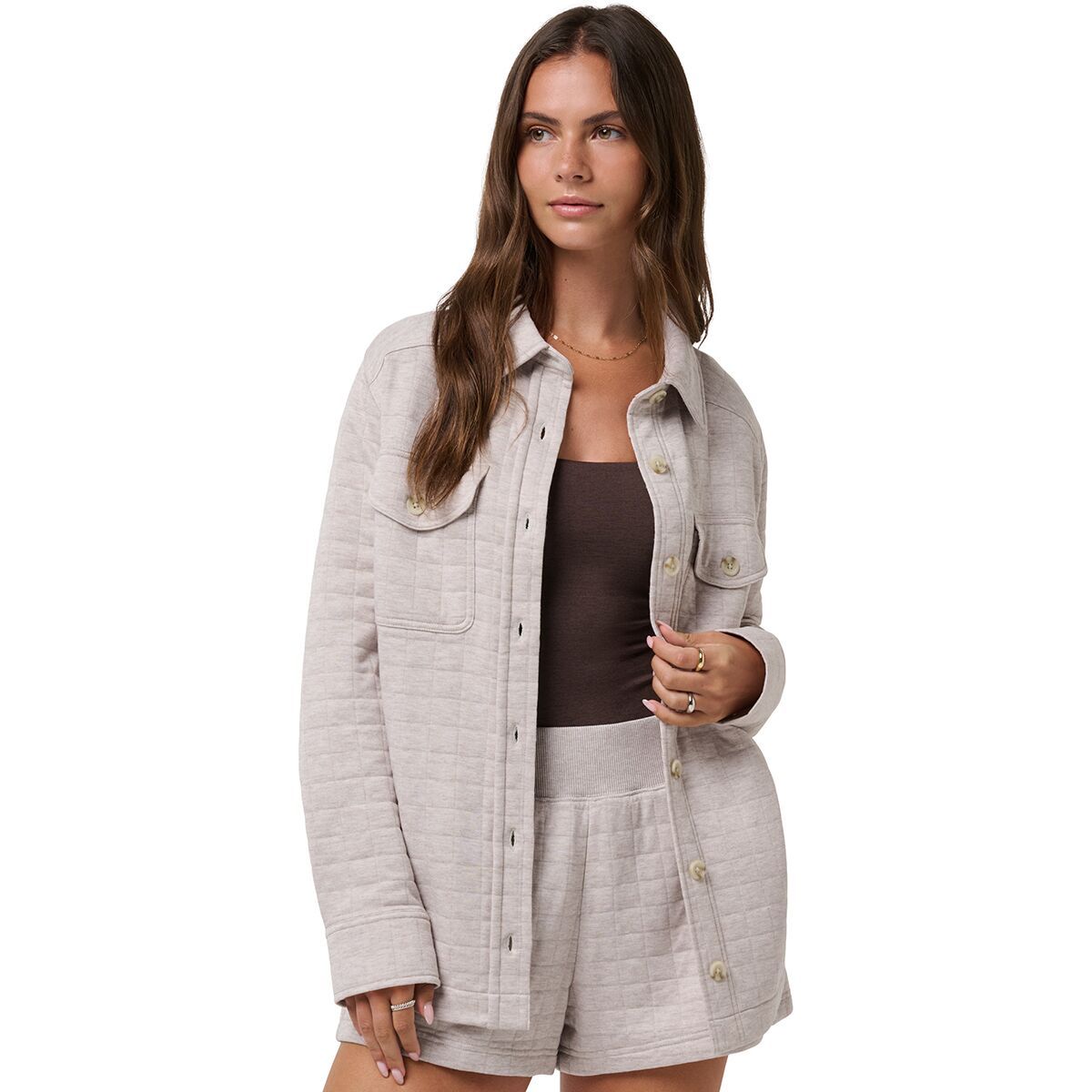 Image of TravisMathew Coastal Quilted Shacket - Women's Heather Savannah Tan, XS