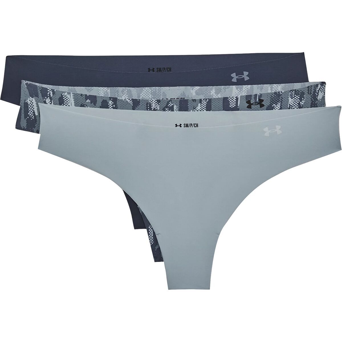 Under Armour Pure Stretch Thong Underwear - 3-Pack - Women's Downpour Gray/Harbor Blue/White, XL
