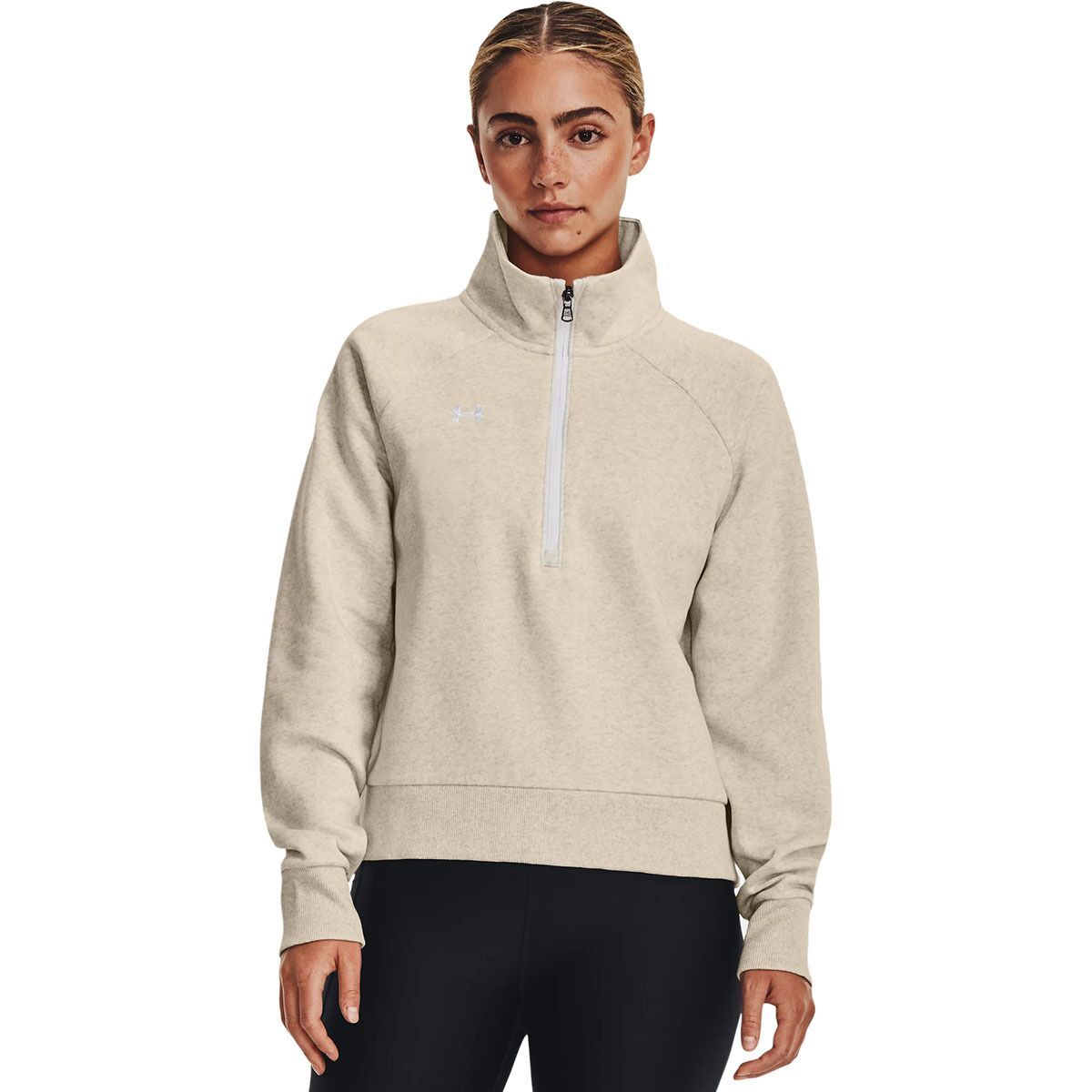 Under Armour Rival Fleece 1/2-Zip Pullover - Women's Oatmeal Light Heather/White, M