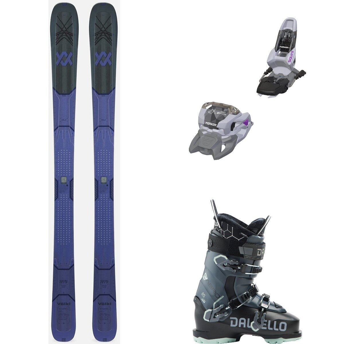 Image of Volkl M7 Mantra w/ Cabrio MV 85 W IF + Squire 11 Ski Pkg - Women's One/Gry/Prpl/Blk/Ant, 149cm/90mm/27.5