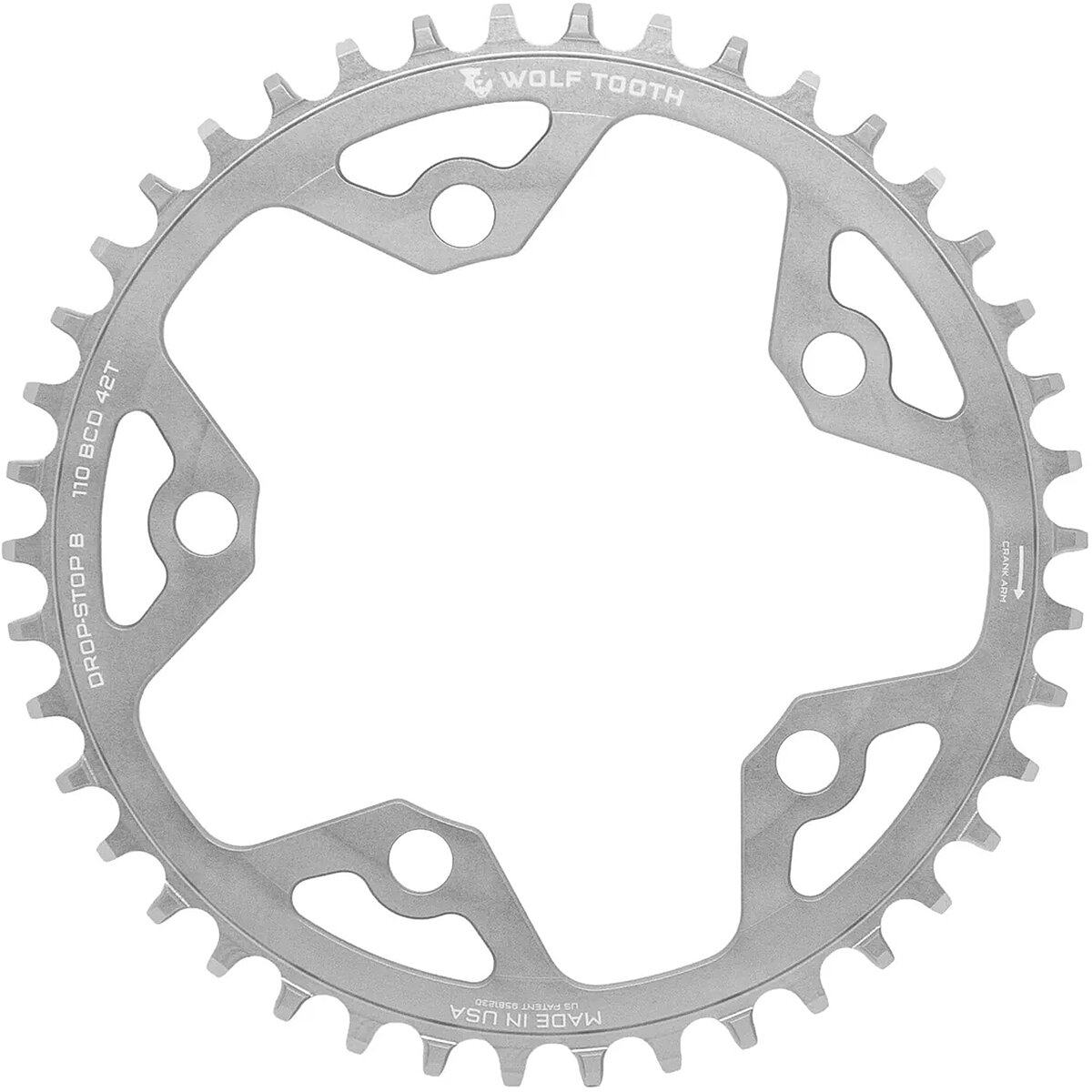 Image of Wolf Tooth Components Drop Stop 5-Bolt SRAM Flattop Chainring Raw Silver, 42t