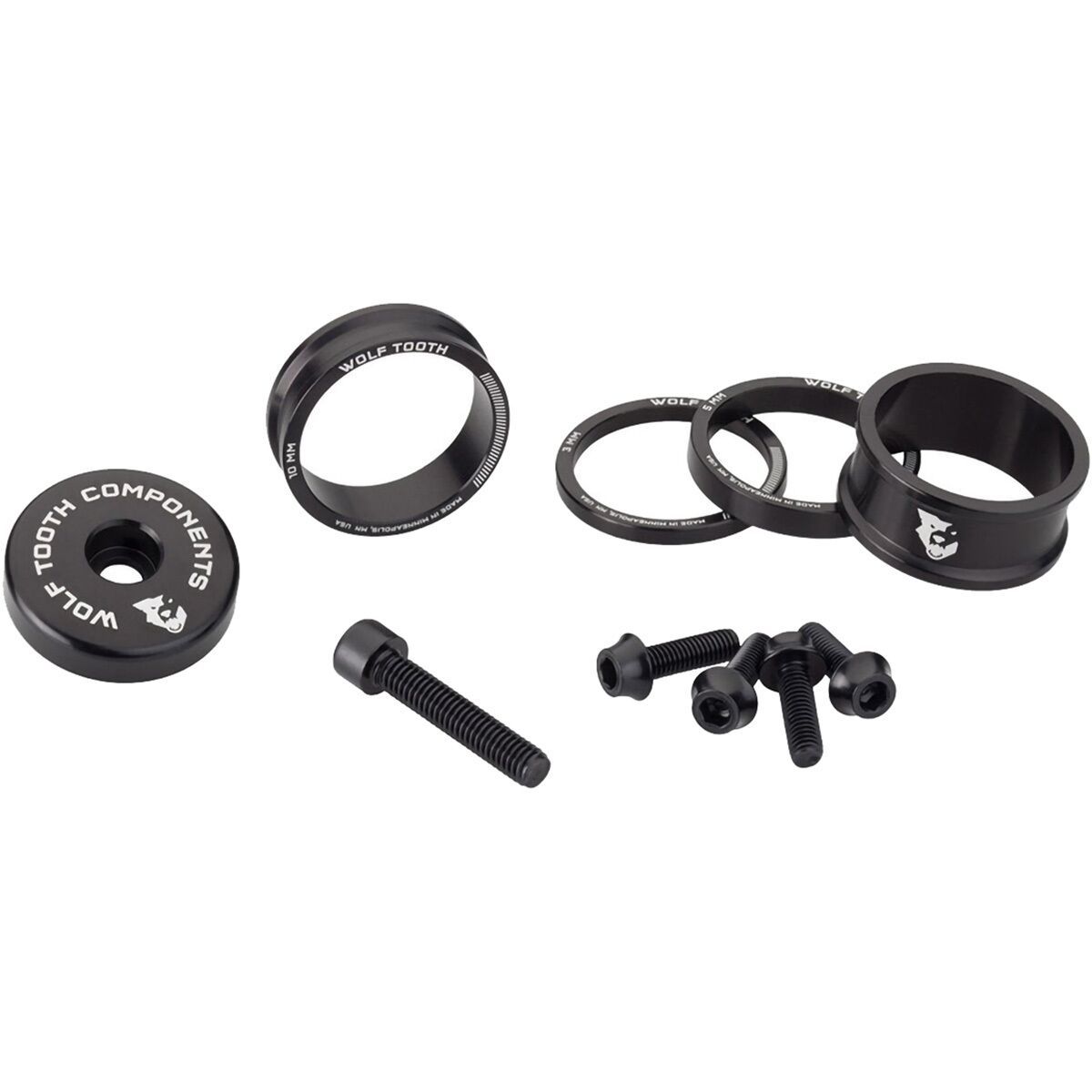 Image of Wolf Tooth Components Anodized Color Kit Black, 3mm,5mm,10mm,15mm Headset Spacers & 5mm Top Cap